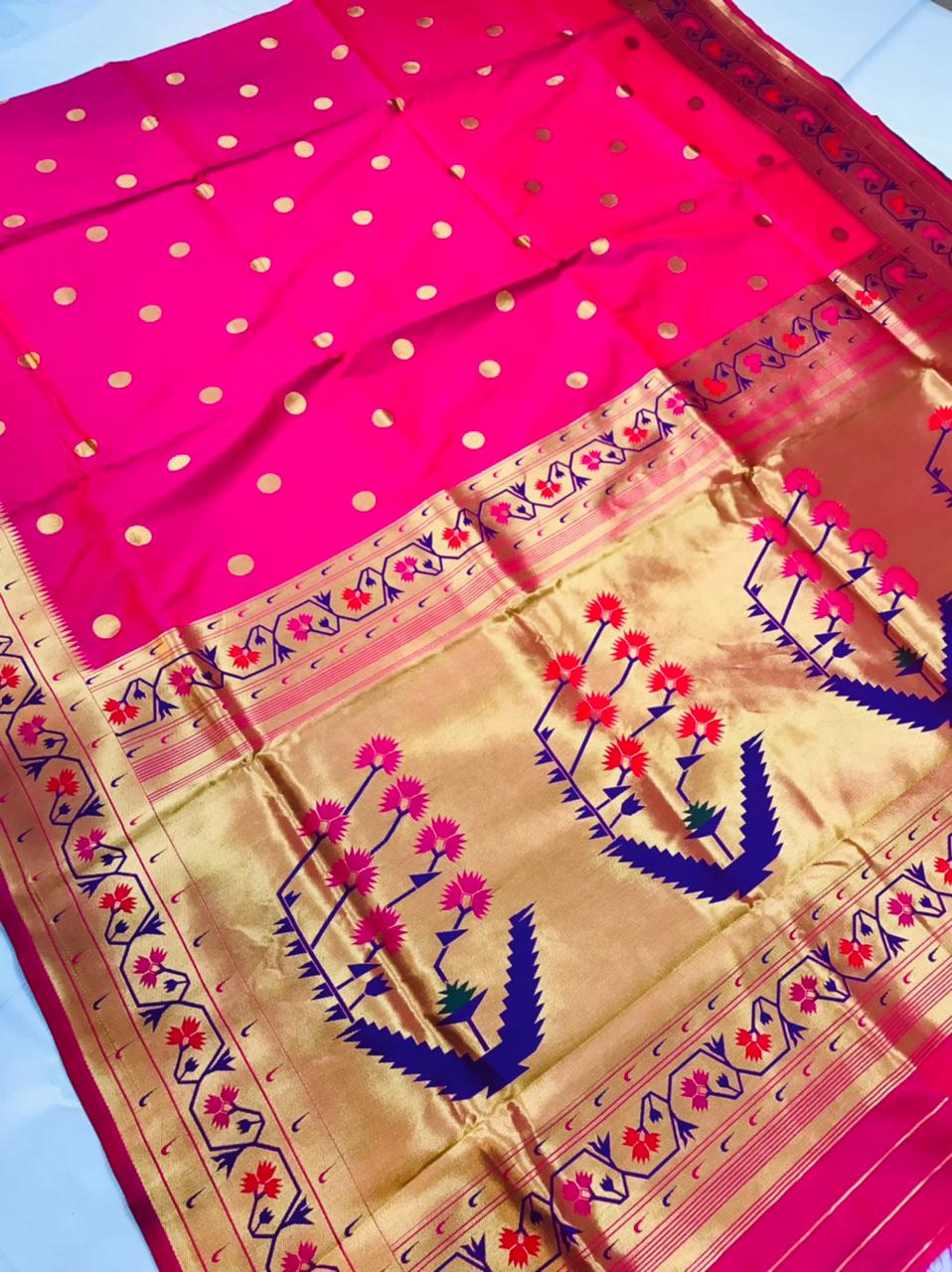 Adorning Dark Pink Paithani Silk Saree With Ethnic Blouse Piece