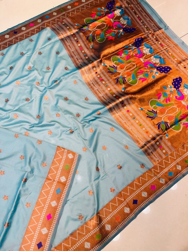 Adorning Sky Paithani Silk Saree With Ethnic Blouse Piece