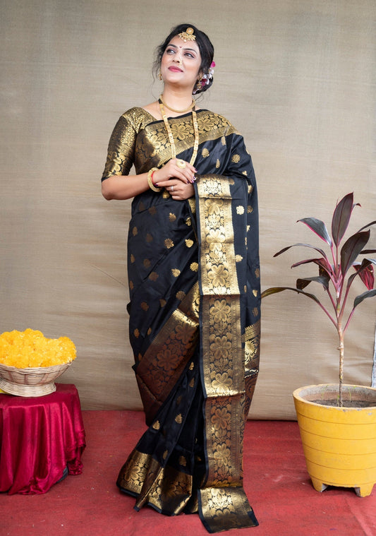 Delightful Black  Banarasi Silk Saree With Assemblage Blouse Piece