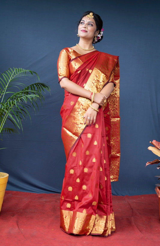 Fancifull Red Banarasi Silk Saree With Assemblage Blouse Piece