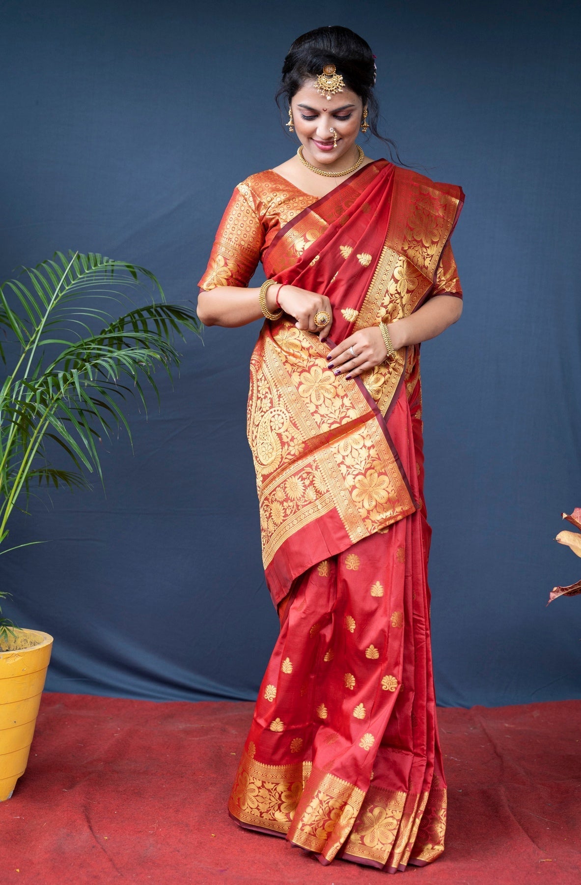 Fancifull Red Banarasi Silk Saree With Assemblage Blouse Piece