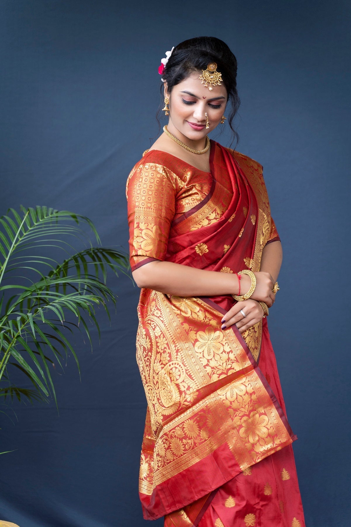 Fancifull Red Banarasi Silk Saree With Assemblage Blouse Piece