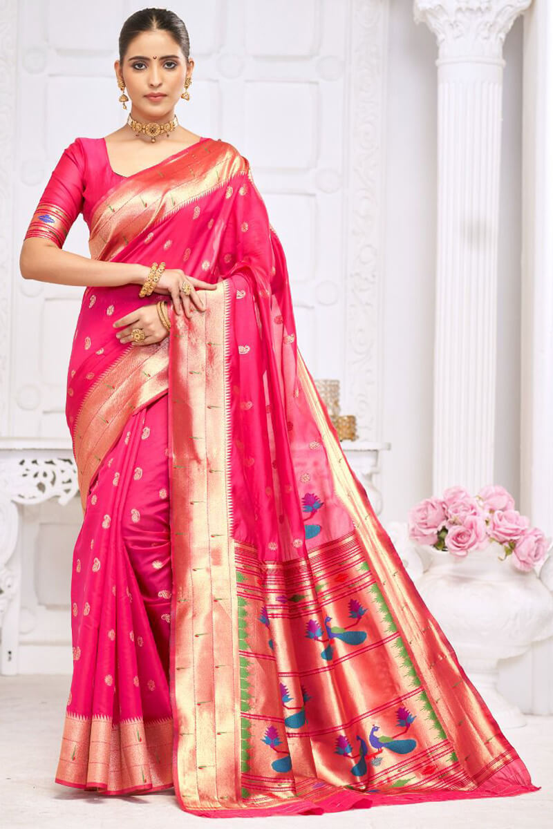 Adorable Dark Pink Paithani Silk Saree With Impressive Blouse Piece