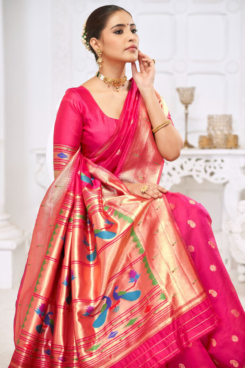 Adorable Dark Pink Paithani Silk Saree With Impressive Blouse Piece