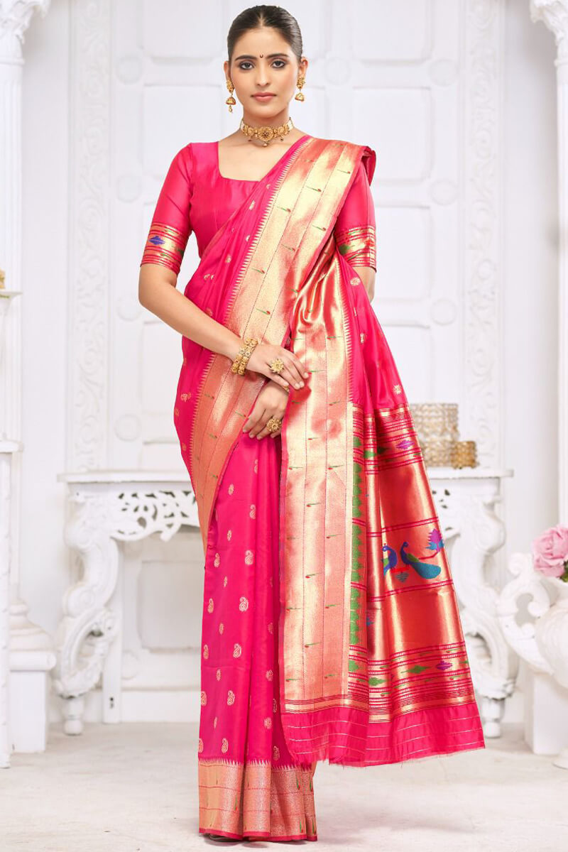 Adorable Dark Pink Paithani Silk Saree With Impressive Blouse Piece