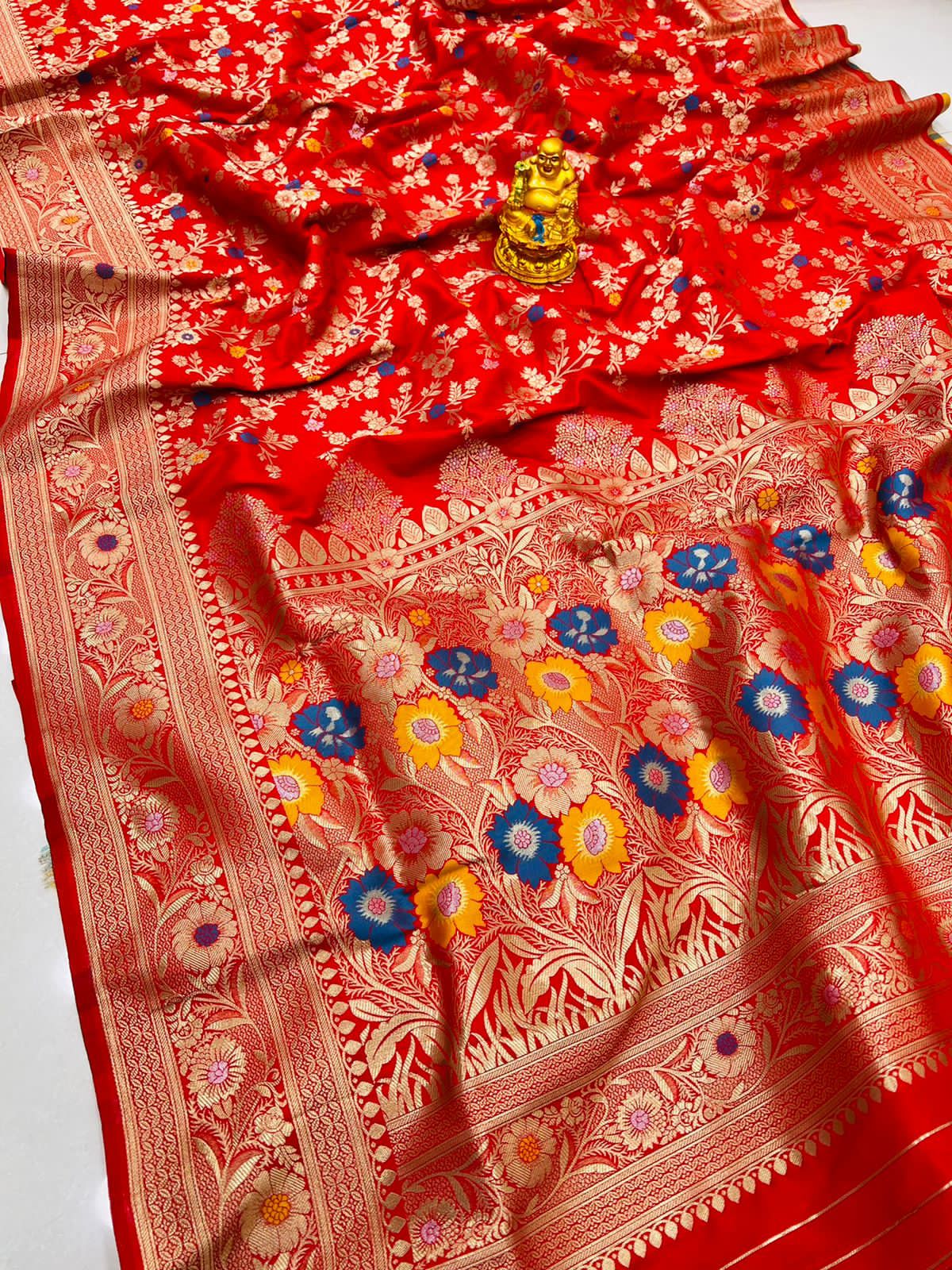 Denouement Red Banarasi Silk Saree With Skinny Blouse Piece