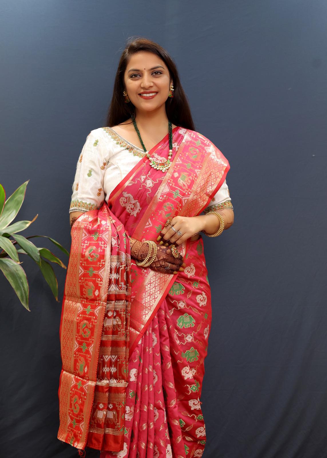 Lagniappe Pink Patola Silk Saree with Rhapsodic Blouse Piece