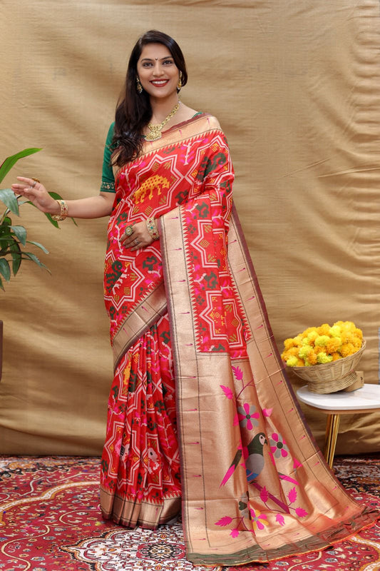 Beautiful Red Paithani Silk Saree With Skinny Blouse Piece