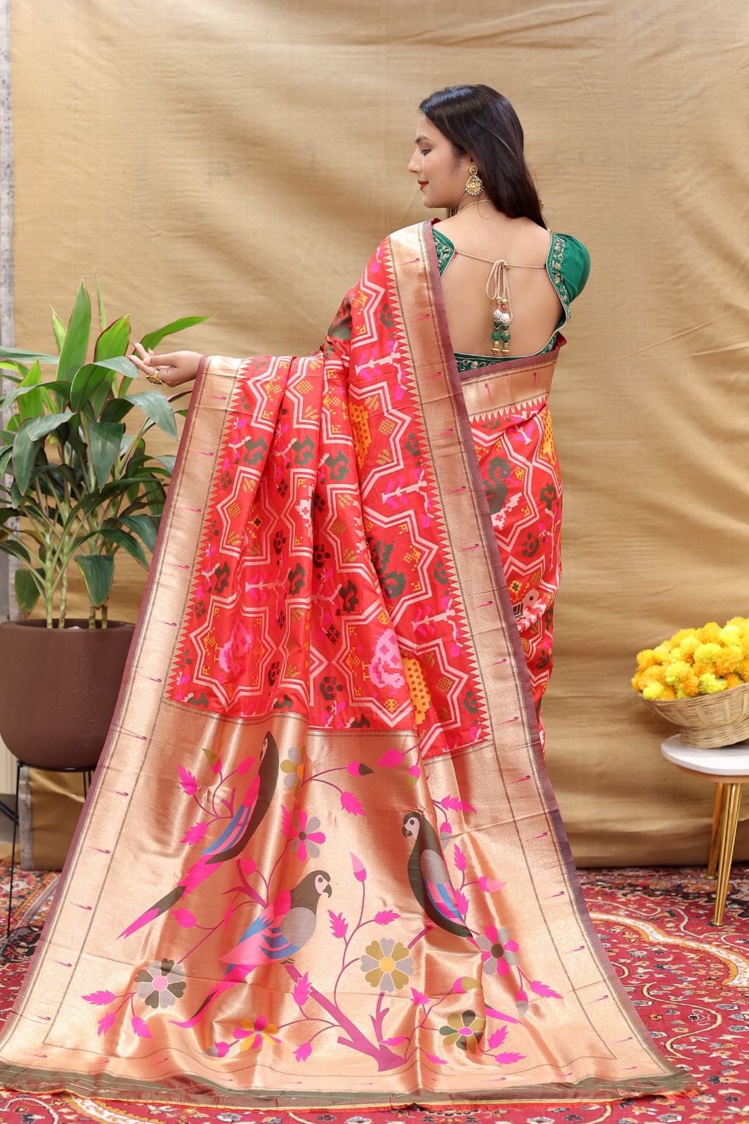 Beautiful Red Paithani Silk Saree With Skinny Blouse Piece