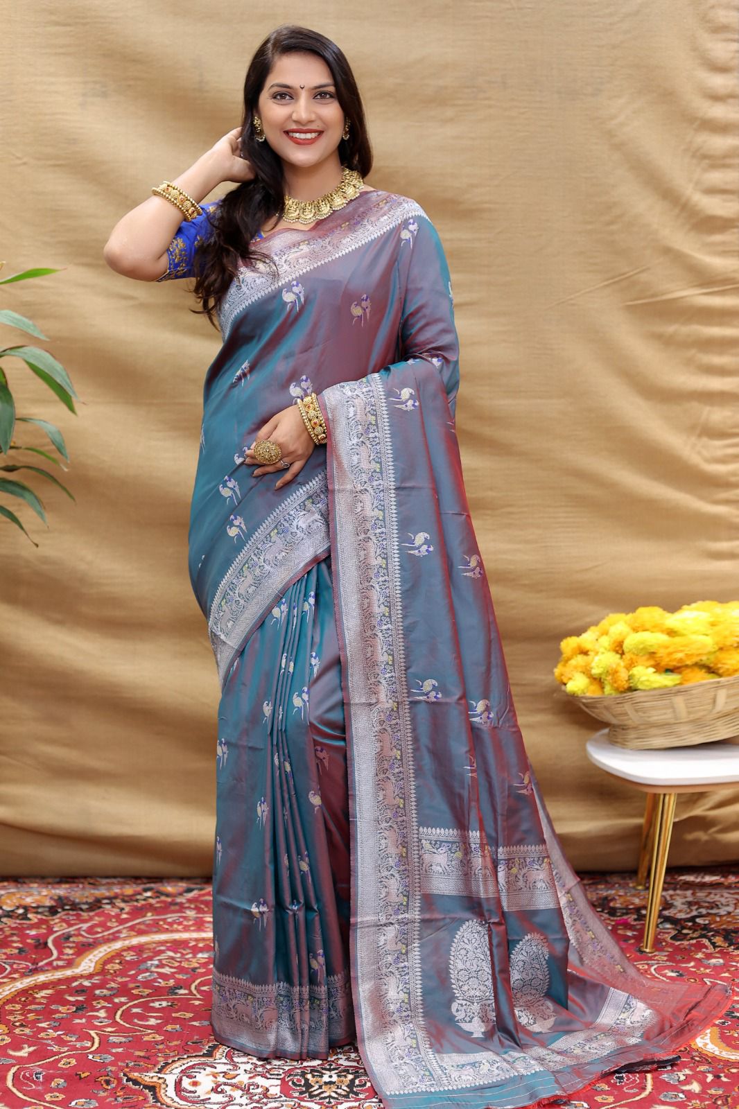 Jazzy Dark Grey Soft Banarasi Silk Saree With Radiant Blouse Piece