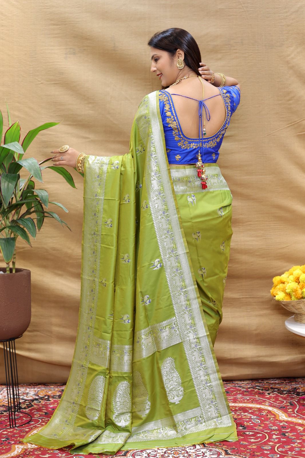 Fairytale Green Soft Banarasi Silk Saree With Chatoyant Blouse Piece