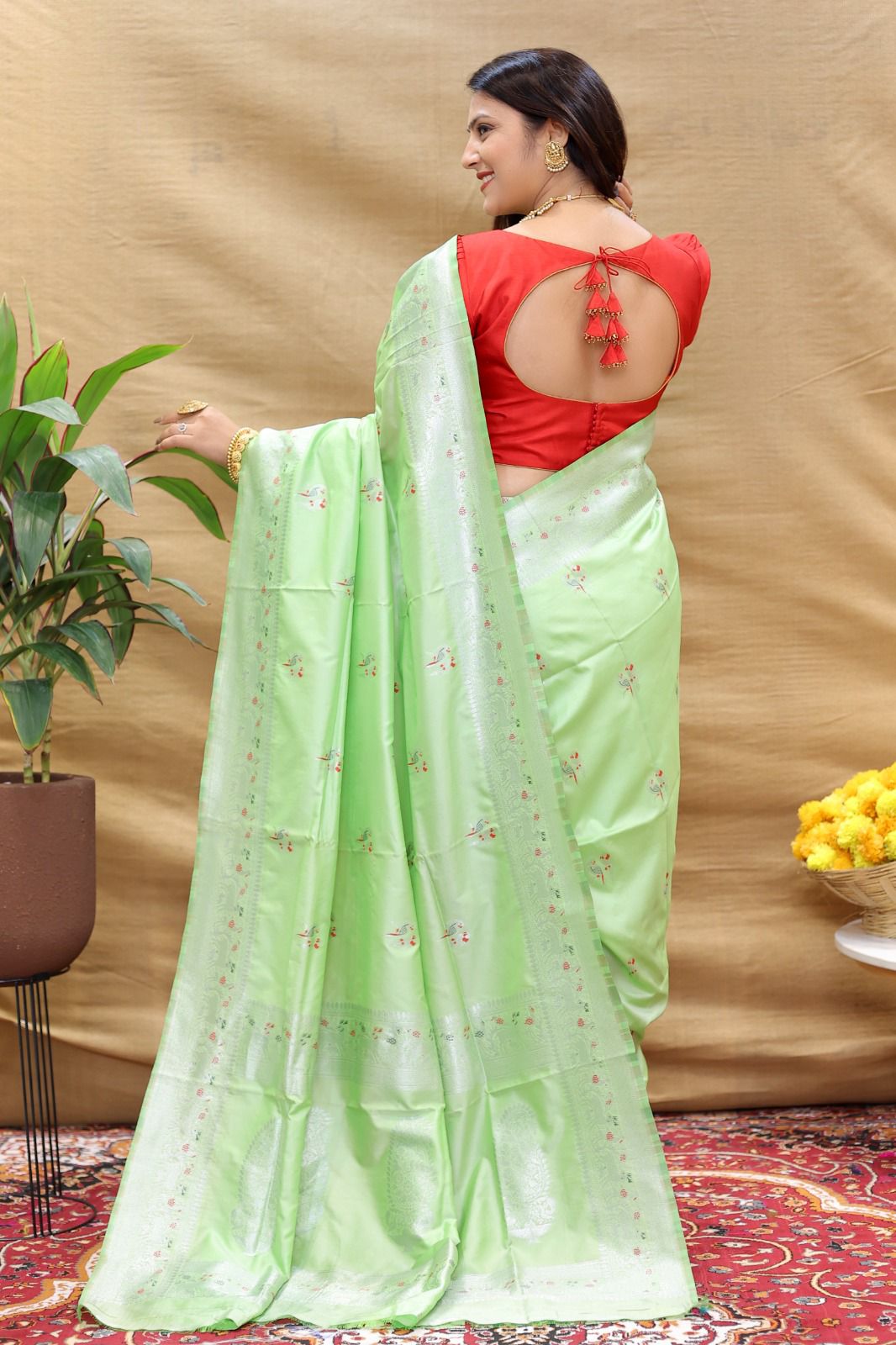 Lovely Pista Soft Banarasi Silk Saree With Wonderful Blouse Piece