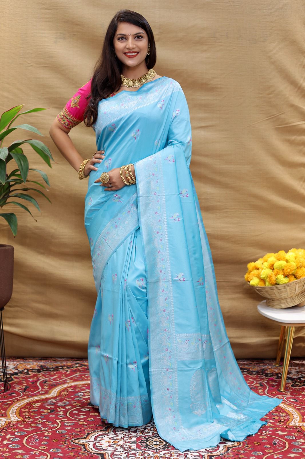 Beautiful Sky Soft Banarasi Silk Saree With Impressive Blouse Piece