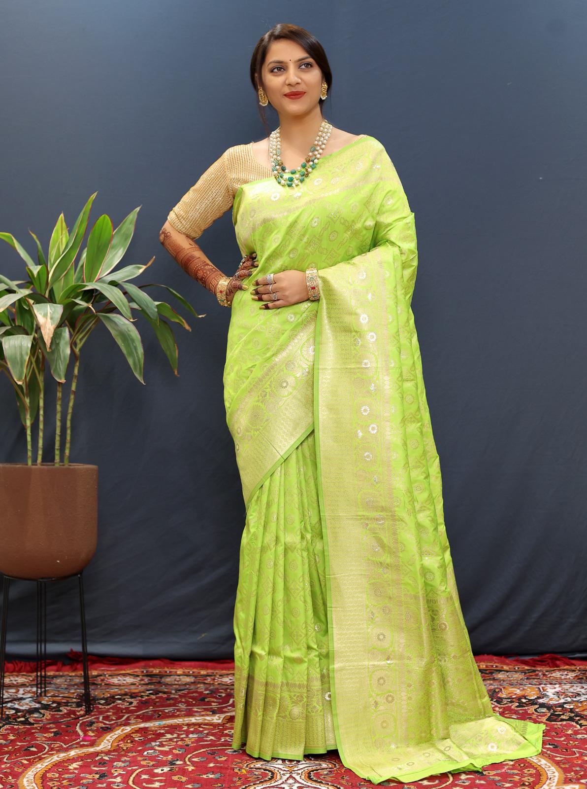 Evocative Parrot Soft Banarasi Silk Saree With Mellifluous Blouse Piece