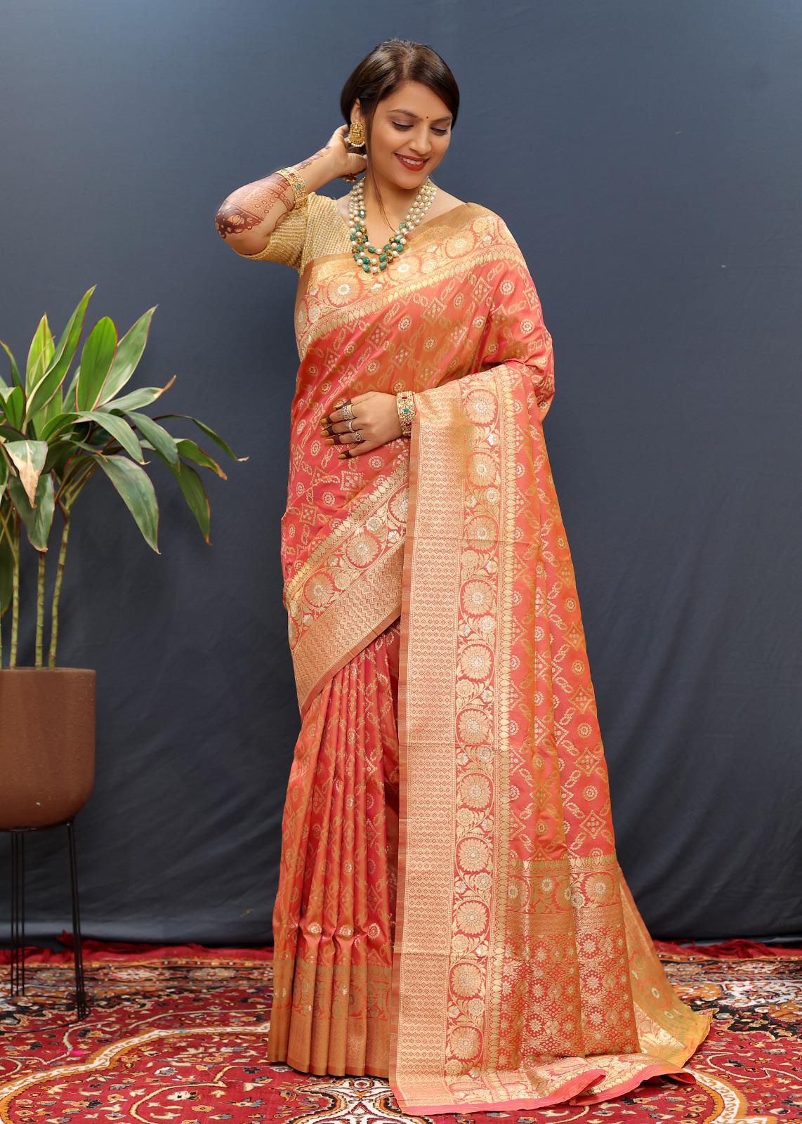 Nemesis Peach Soft Banarasi Silk Saree With Ratatouille Blouse Piece