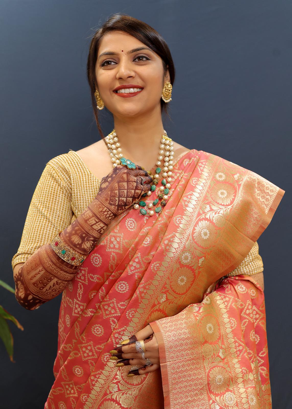 Nemesis Peach Soft Banarasi Silk Saree With Ratatouille Blouse Piece