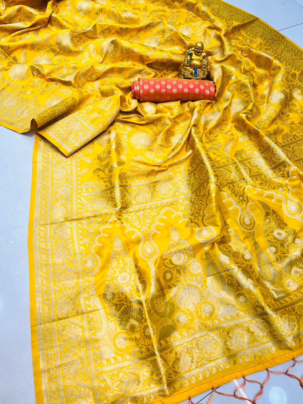 Demanding Yellow Soft Banarasi Silk Saree With Nemesis Blouse Piece