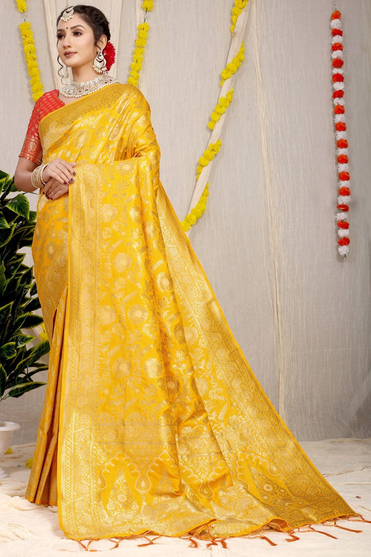 Demanding Yellow Soft Banarasi Silk Saree With Nemesis Blouse Piece