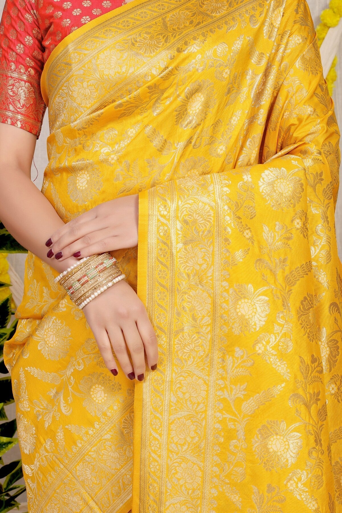 Demanding Yellow Soft Banarasi Silk Saree With Nemesis Blouse Piece