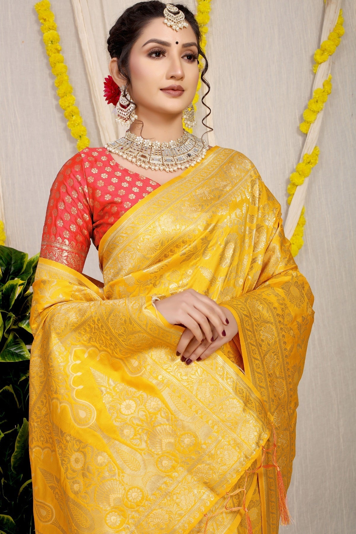 Demanding Yellow Soft Banarasi Silk Saree With Nemesis Blouse Piece