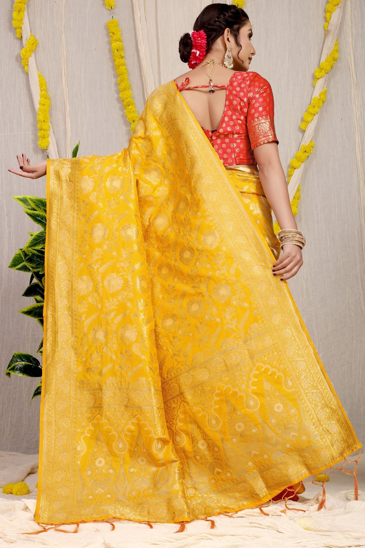 Demanding Yellow Soft Banarasi Silk Saree With Nemesis Blouse Piece