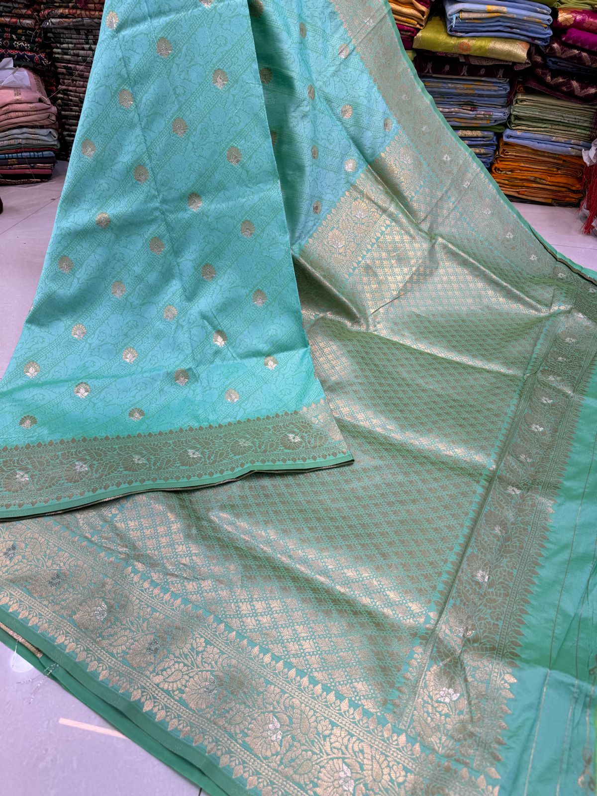 Fairytale Sky Soft Banarasi Silk Saree With Conflate Blouse Piece