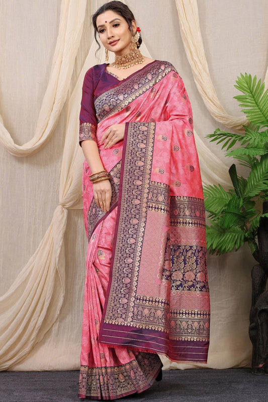 Incomparable Pink Banarasi Soft Silk Saree With Redolent Blouse Piece