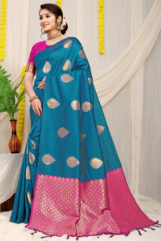 Gratifying Firozi Banarasi Silk Saree With Engrossing Blouse Piece