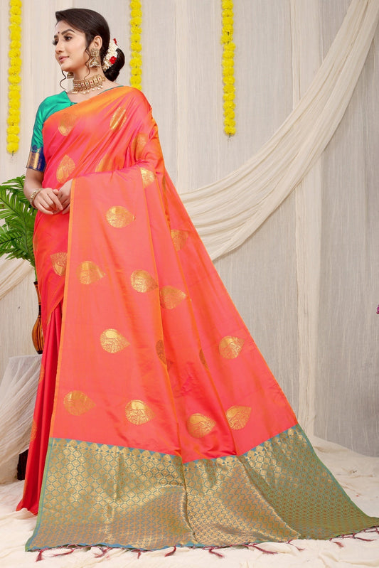 Invaluable Peach Banarasi Silk Saree With Engrossing Blouse Piece