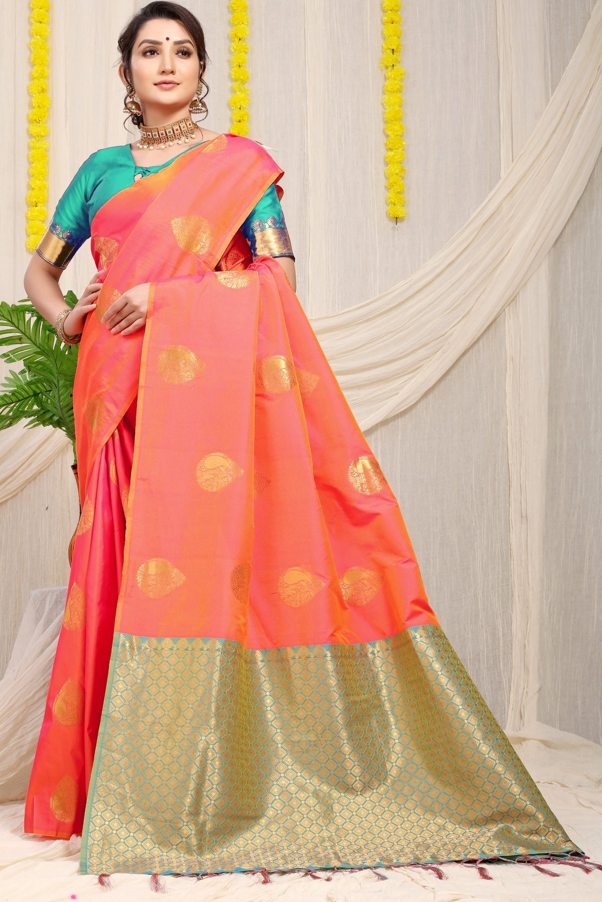 Invaluable Peach Banarasi Silk Saree With Engrossing Blouse Piece