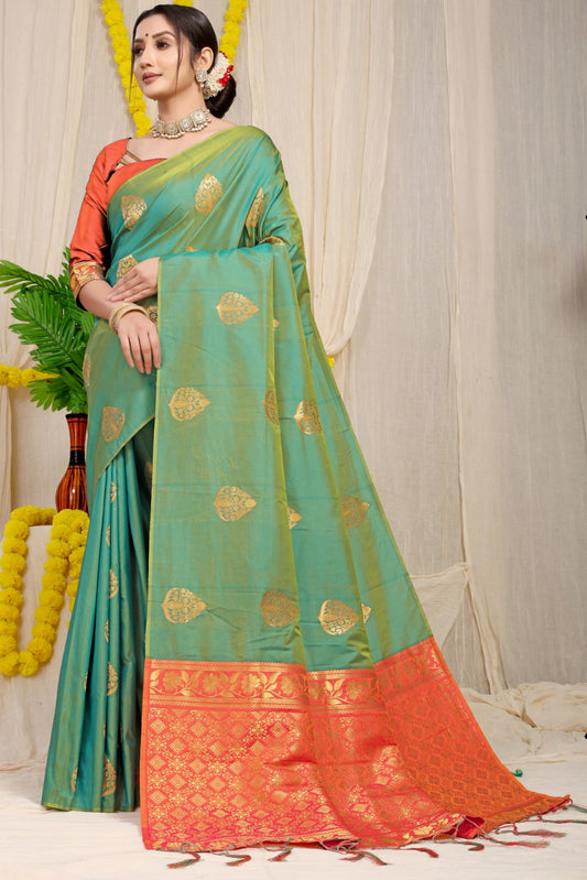 Adorable Green Banarasi Silk Saree With Captivating  Blouse Piece