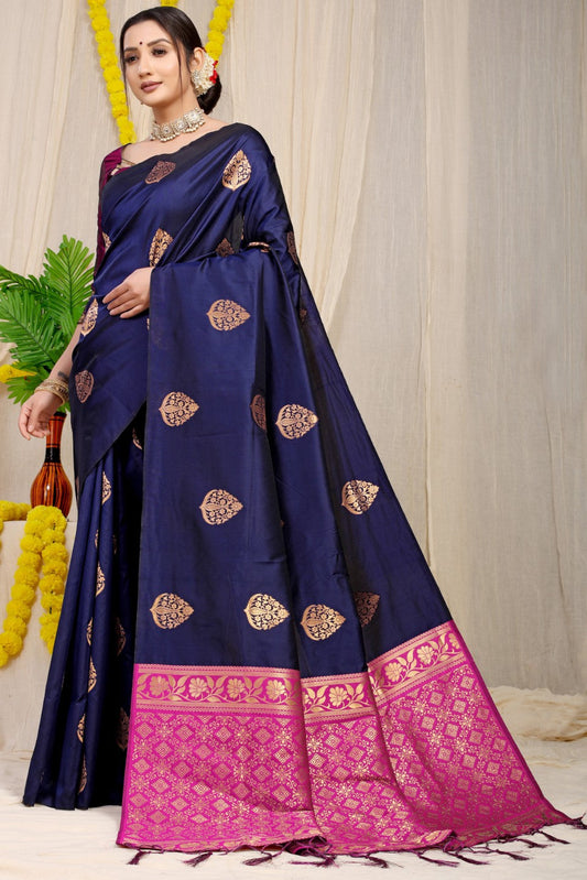 Mesmeric Navy Blue Banarasi Silk Saree With Pleasant Blouse Piece