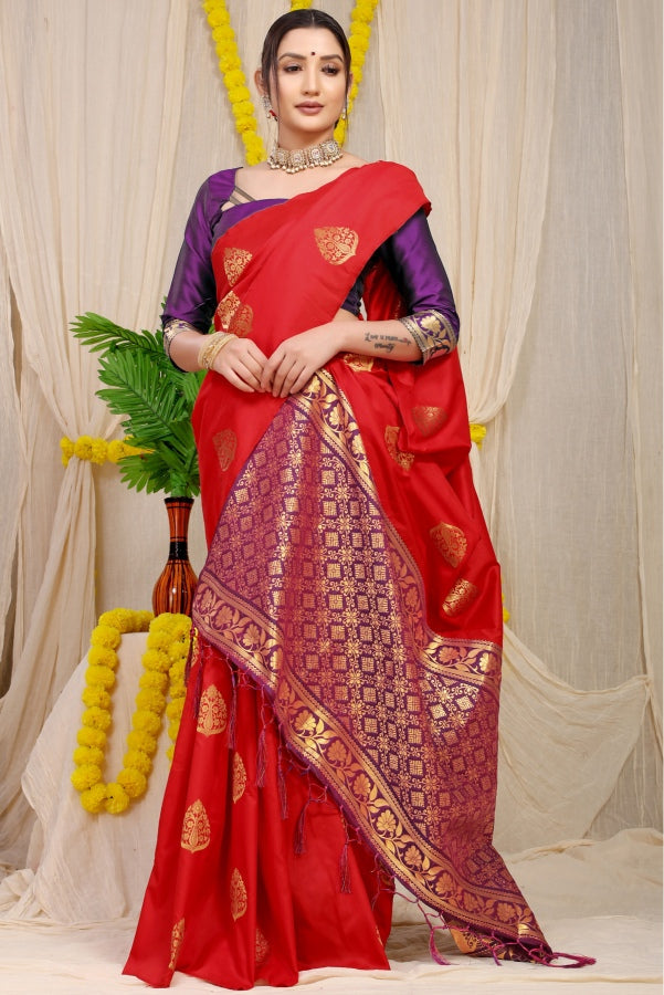 A dreamy Red Banarasi Silk Saree With Adoring Blouse Piece