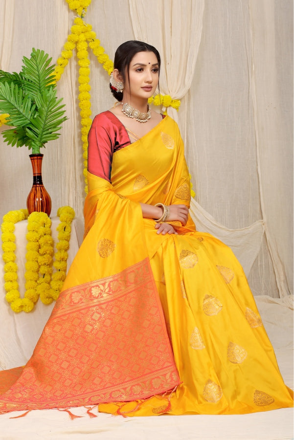 Conflate Yellow Banarasi Silk Saree With Ailurophile Blouse Piece