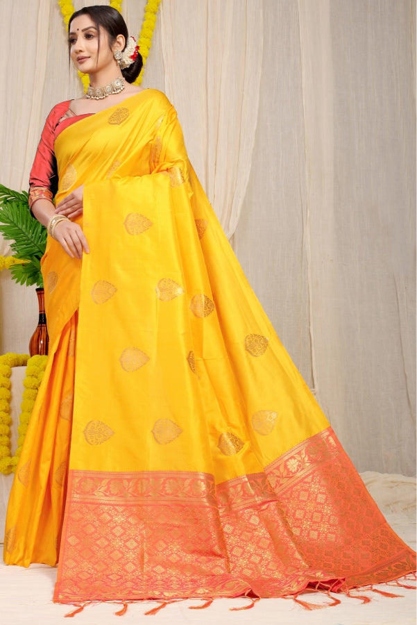 Conflate Yellow Banarasi Silk Saree With Ailurophile Blouse Piece