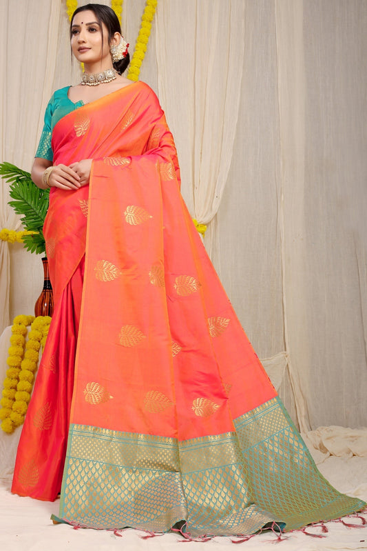 Desiring Peach Soft Banarasi Silk Saree With Lissome Blouse Piece