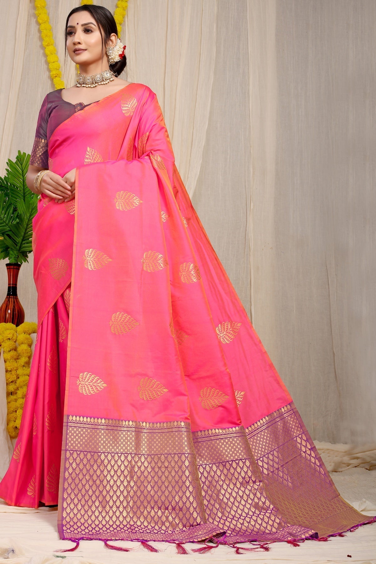 Hypnotic Pink Soft Banarasi Silk Saree With Lissome Blouse Piece