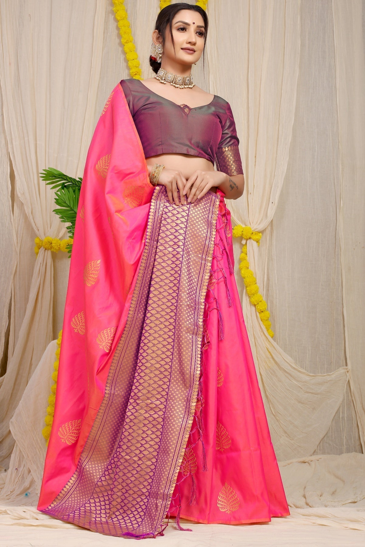 Hypnotic Pink Soft Banarasi Silk Saree With Lissome Blouse Piece