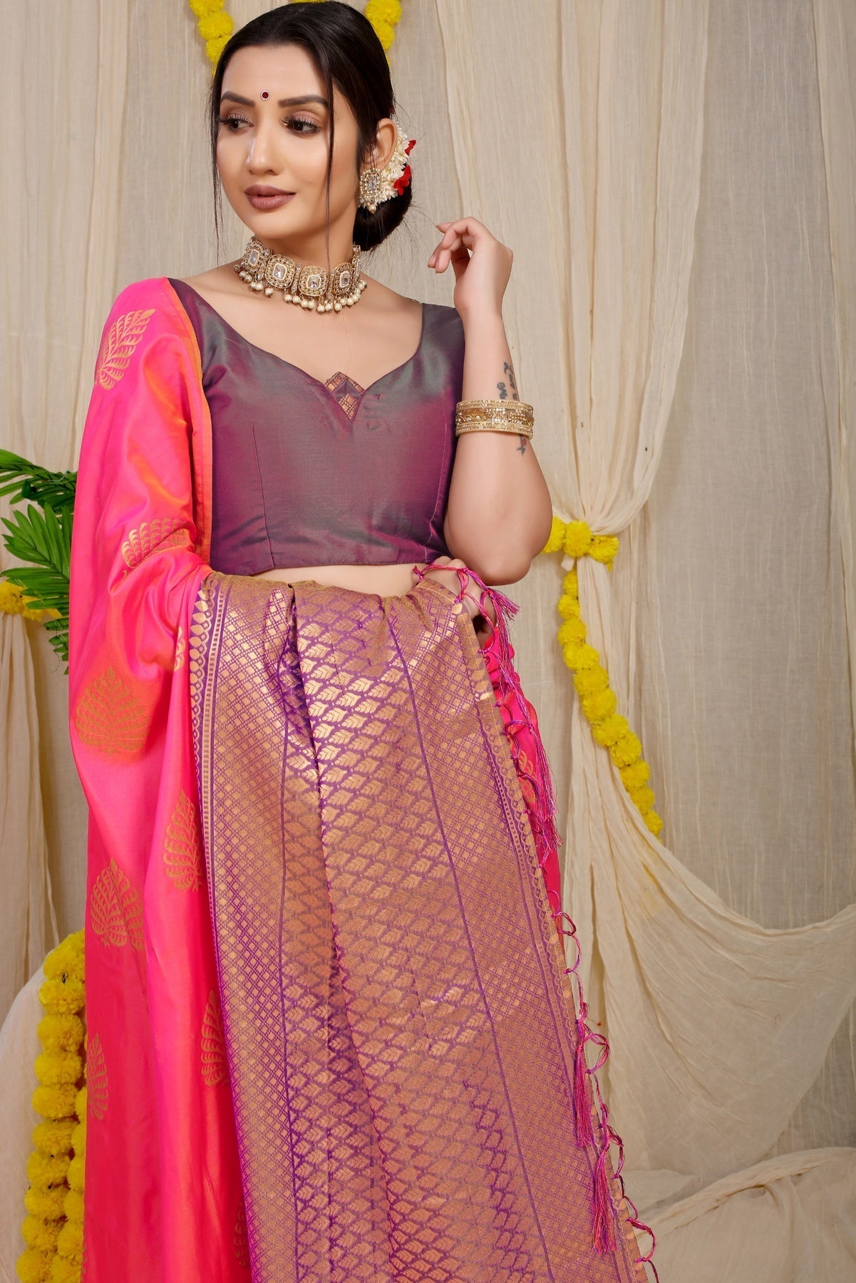 Hypnotic Pink Soft Banarasi Silk Saree With Lissome Blouse Piece