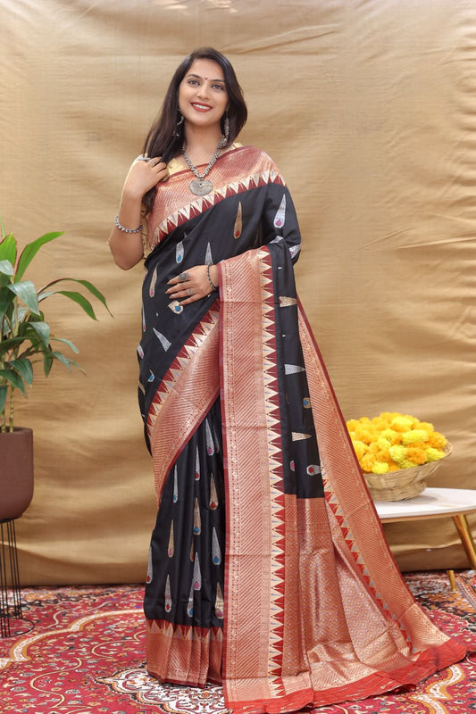 Innovative Black Soft Banarasi Silk Saree With Wonderful Blouse Piece