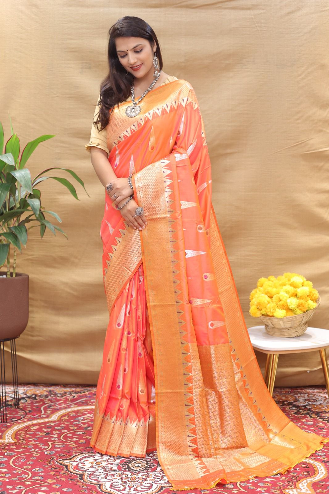 Intricate Peach Soft Banarasi Silk Saree With Capricious Blouse Piece