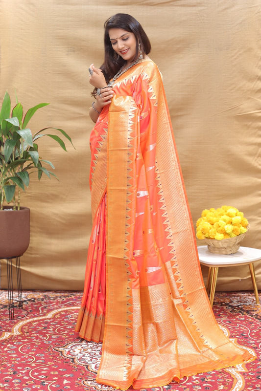 Intricate Peach Soft Banarasi Silk Saree With Capricious Blouse Piece