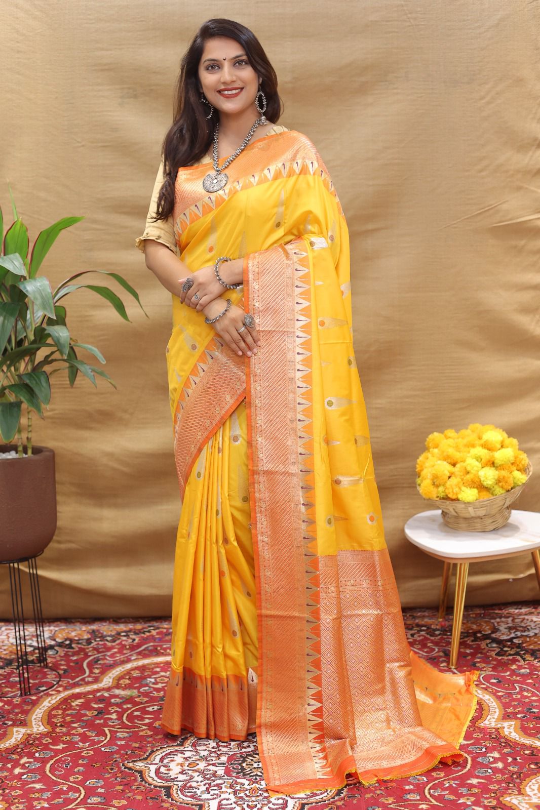 Ethnic Yellow Soft Banarasi Silk Saree With Exceptional Blouse Piece