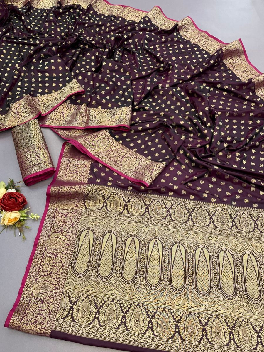 Felicitous Wine Banarasi Satin Silk Saree With Improbable Blouse