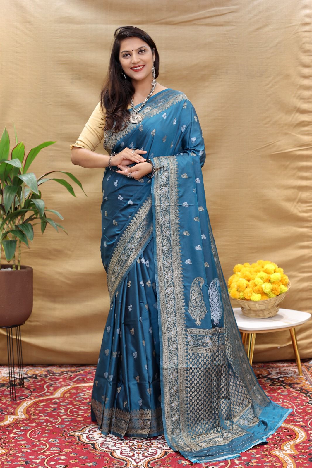 Improbable Teal Blue Soft Banarasi Silk Saree With Glittering Blouse Piece