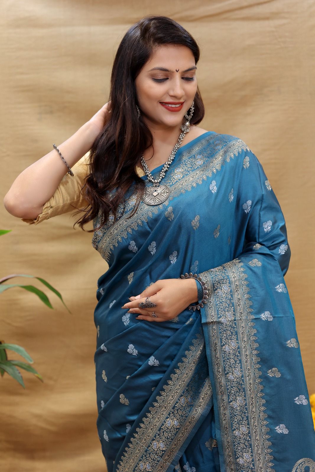 Improbable Teal Blue Soft Banarasi Silk Saree With Glittering Blouse Piece