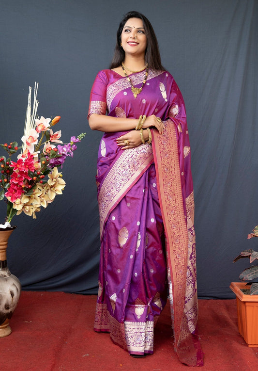 Panoply Purple Kanjivaram Silk With Demure Blouse Piece