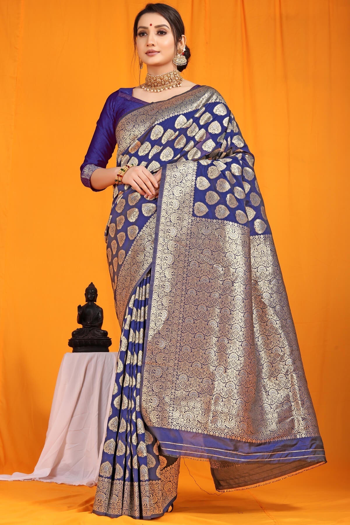 Deserving Navy Blue Banarasi Silk Saree With Divine Blouse Piece