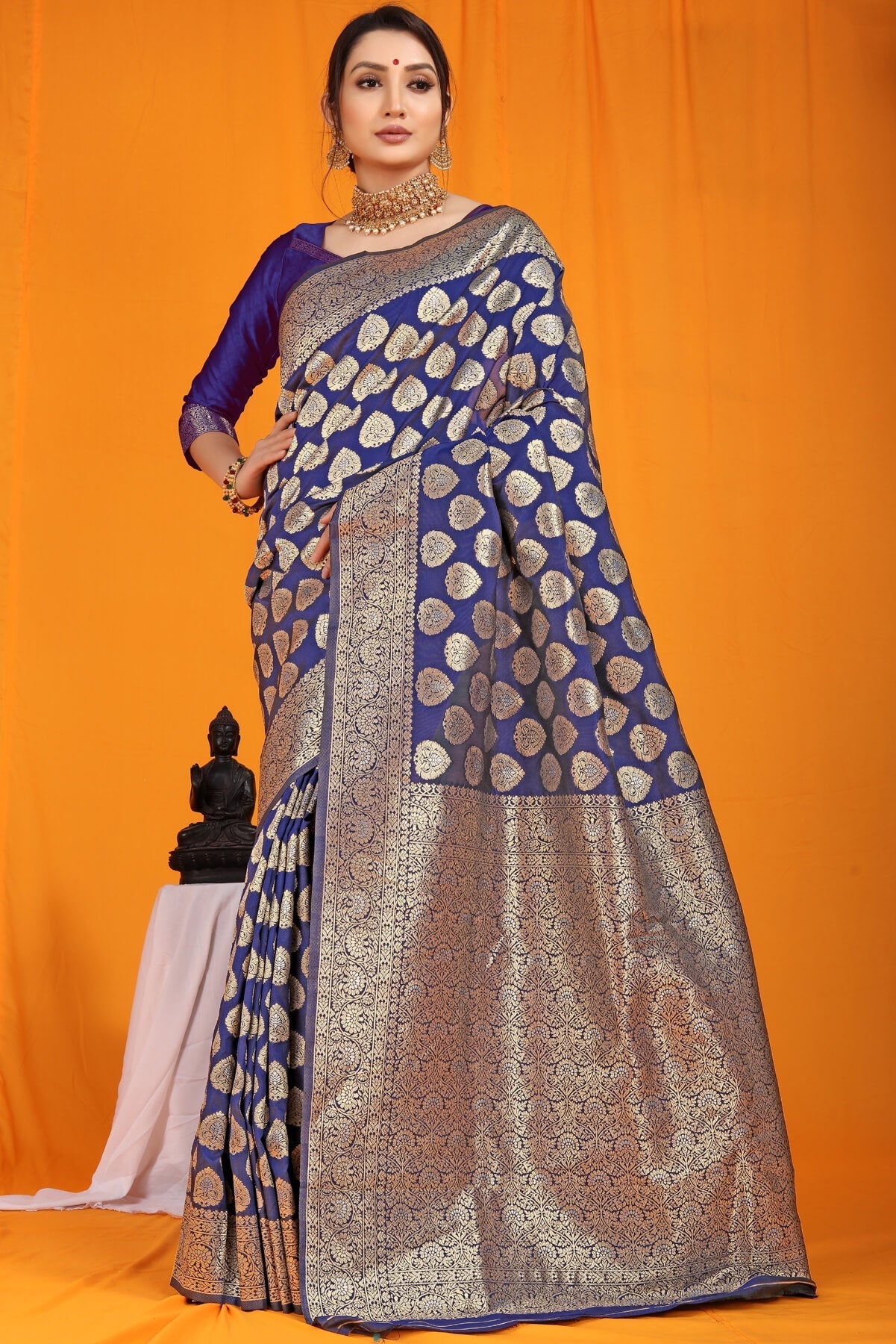 Deserving Navy Blue Banarasi Silk Saree With Divine Blouse Piece