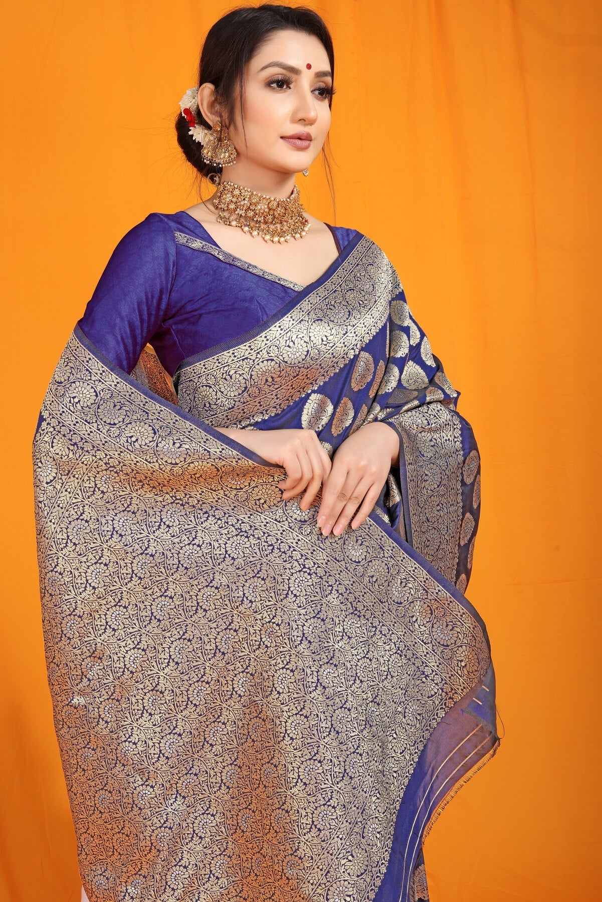 Deserving Navy Blue Banarasi Silk Saree With Divine Blouse Piece